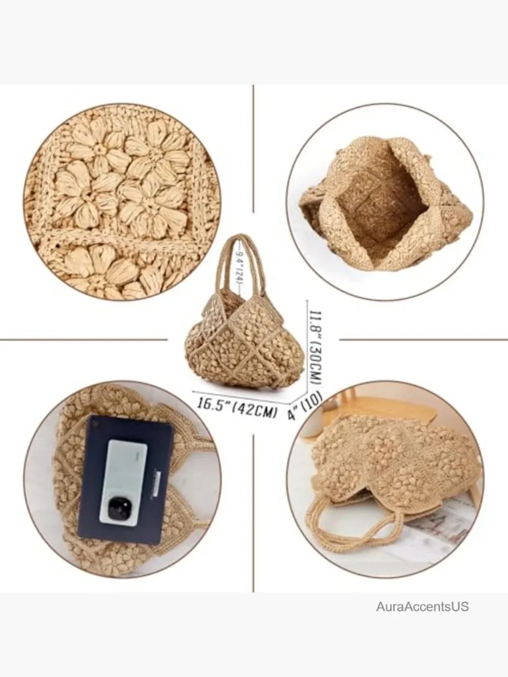 Crochet Floral Panel Hobo Bag in Beige